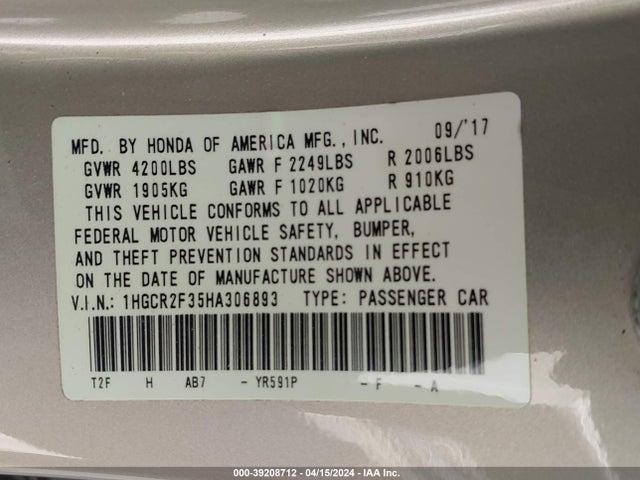 Honda ACCORD LX 2017 1HGCR2F35HA306893 Image 9