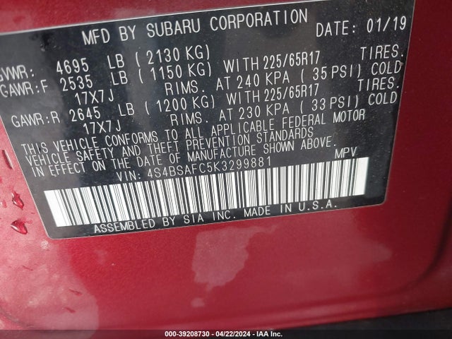 Subaru Outback 2.5i Premium 2019 4S4BSAFC5K3299881 Image 9
