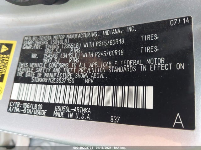 Toyota Highlander Xle V6 2014 5TDKKRFH3ES037150 Image 9