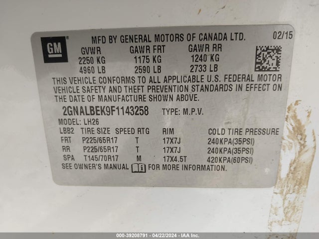 Chevrolet EQUINOX 1LT 2015 2GNALBEK9F1143258 Image 9