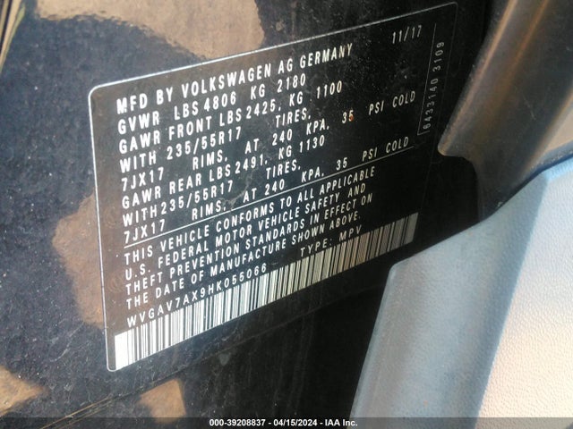 WVGAV7AX9HK055066 Volkswagen Tiguan 2.0t/2.0t S