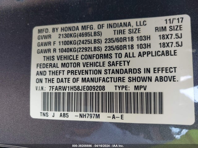 Honda CR-V EX 2018 7FARW1H58JE009208 Image 9