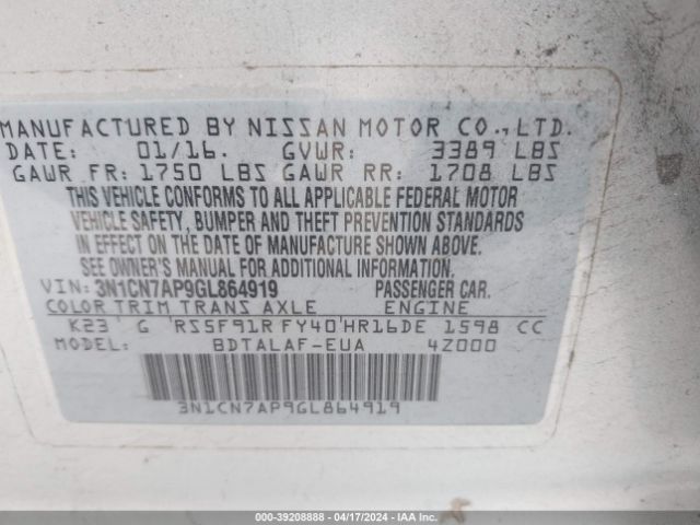 3N1CN7AP9GL864919 Nissan Versa 1.6 S
