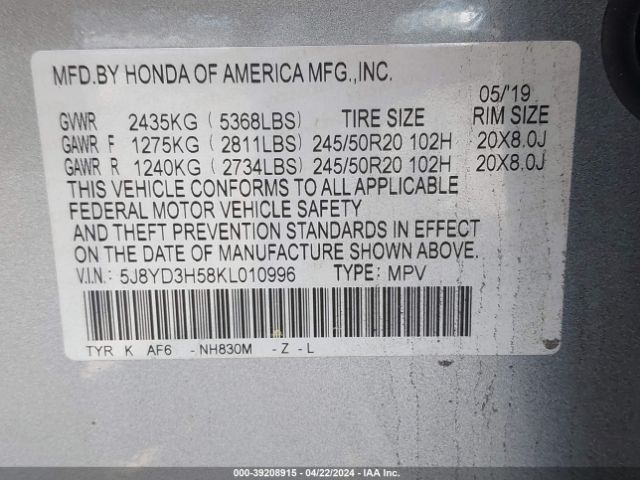 5J8YD3H58KL010996 Acura Mdx Tech Pkg