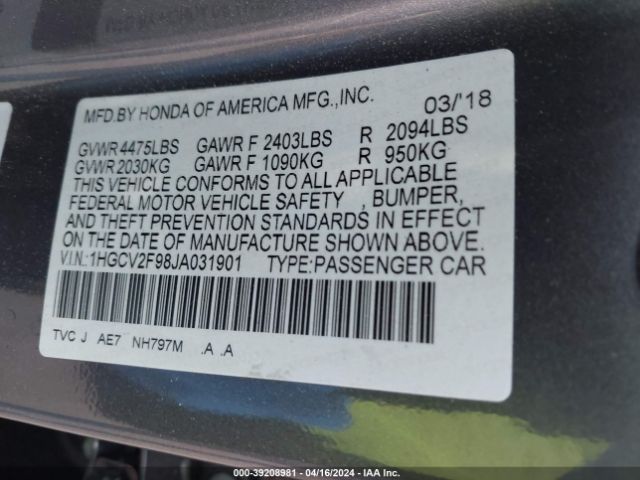 1HGCV2F98JA031901 Honda Accord Touring 2.0t