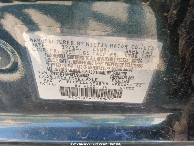 Nissan Versa 1.6 Sl 2015 3N1CN7AP6FL959842 Image 9