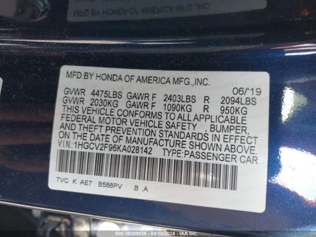 1HGCV2F96KA028142 Honda Accord Touring 2.0t