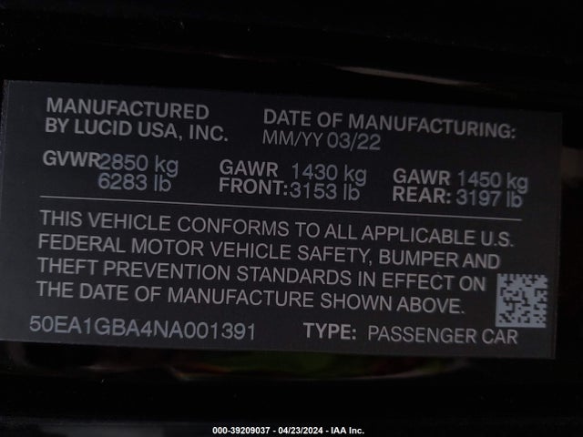 Lucid Air Grand Touring 2022 50EA1GBA4NA001391 Image 9
