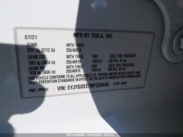 5YJYGDEE7MF229440 Tesla Model Y Long Range Dual Motor All-wheel Drive