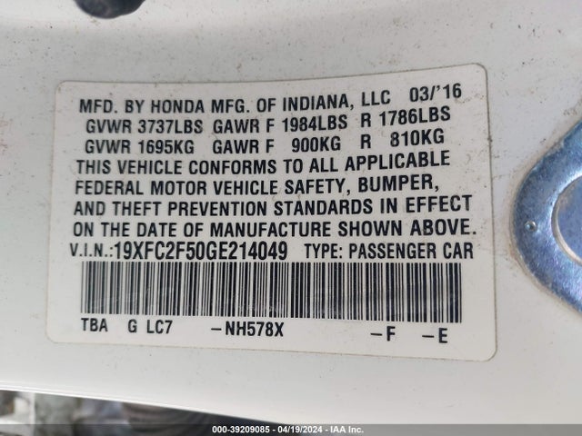 Honda Civic Lx 2016 19XFC2F50GE214049 Image 9
