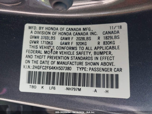 Honda Civic Lx 2019 2HGFC2F64KH507380 Image 9