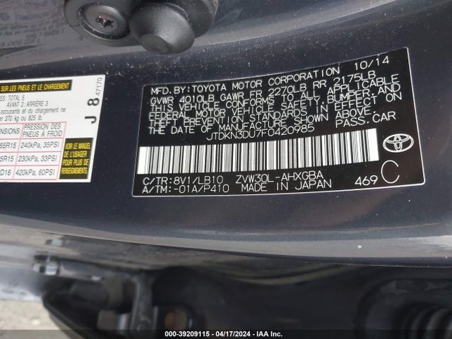 Toyota Prius Four 2015 JTDKN3DU7F0420985 Image 9