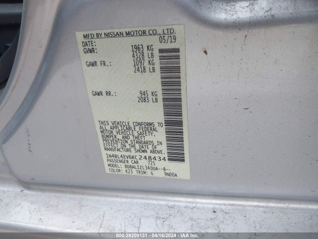Nissan Altima 2.5 Sl 2019 1N4BL4EV6KC248434 Image 9