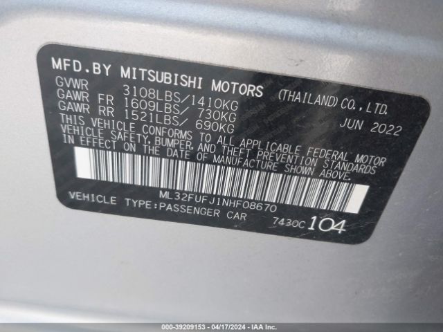 ML32FUFJ1NHF08670 Mitsubishi Mirage G4 Es