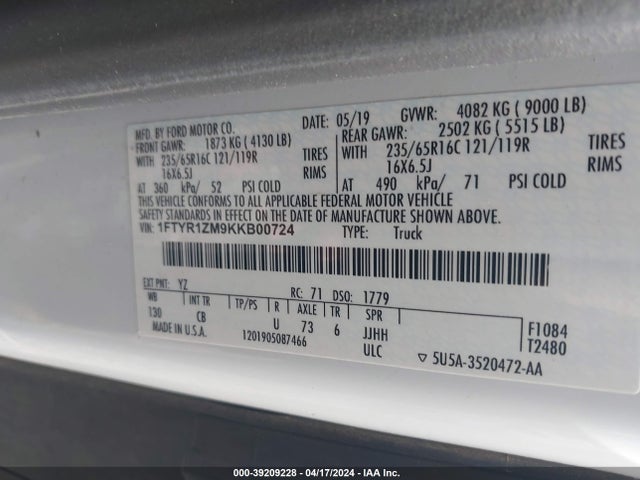 Ford Transit-250 2019 1FTYR1ZM9KKB00724 Image 9