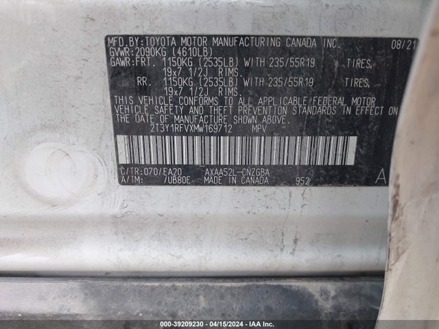Toyota Rav4 Limited 2021 2T3Y1RFVXMW169712 Image 9
