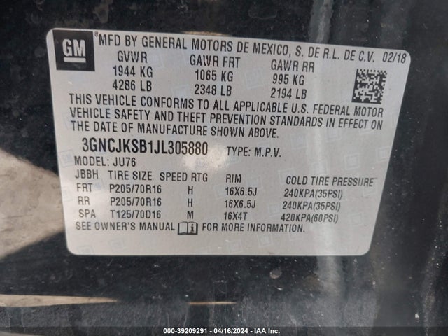 Chevrolet TRAX LS 2018 3GNCJKSB1JL305880 Image 9
