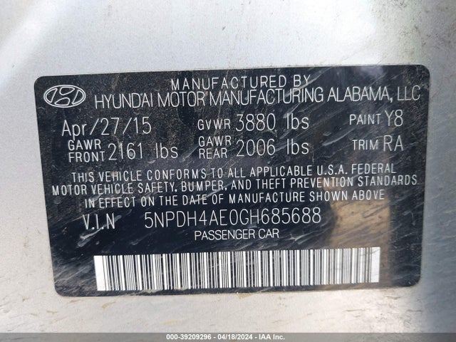 Hyundai ELANTRA SE 2016 5NPDH4AE0GH685688 Image 9