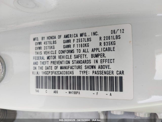 Aukcja sprzedaży 2012 Honda Accord 3.5 Ex-l, vin: 1HGCP3F82CA038045, numer aukcji: 39209329