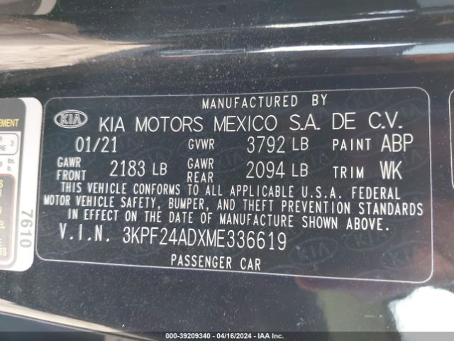 3KPF24ADXME336619 KIA Forte Lxs