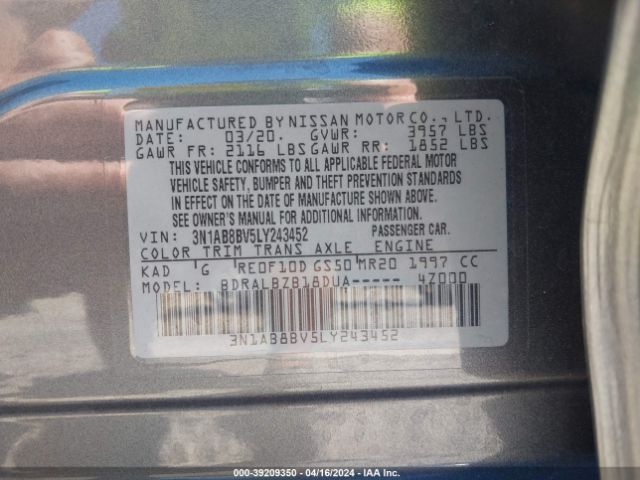 3N1AB8BV5LY243452 Nissan Sentra S Xtronic Cvt