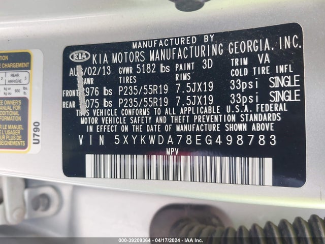 KIA Sorento Sx V6 2014 5XYKWDA78EG498783 Image 9