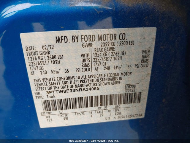 Ford Maverick Xl 2022 3FTTW8E33NRA34065 Image 9