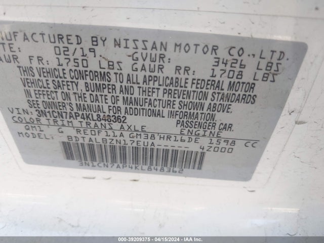 Nissan Versa 1.6 Sv 2019 3N1CN7AP4KL848362 Image 9