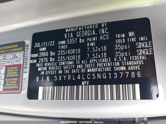 KIA SORENTO S 2022 5XYRL4LC5NG137786 Image 9