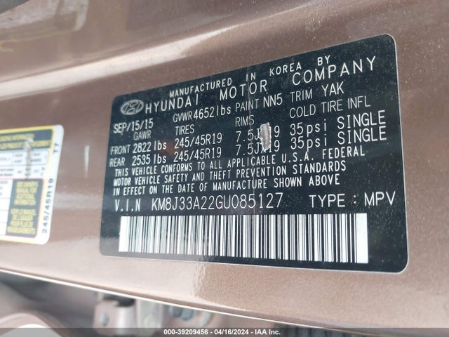 Hyundai Tucson Limited 2016 KM8J33A22GU085127 Image 9
