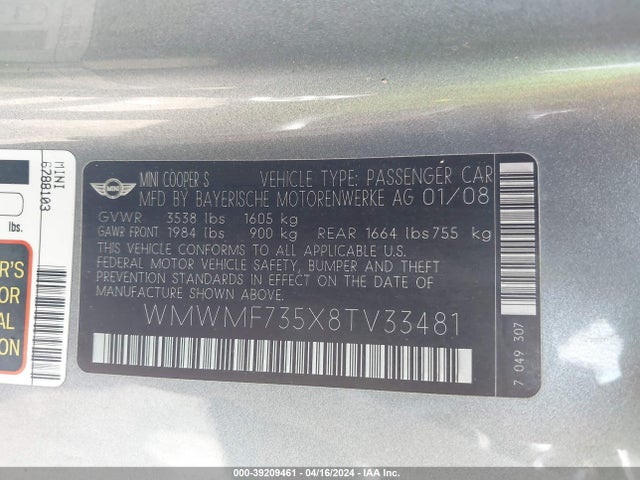 2008 MINI COOPER S WMWMF735X8TV33481 Photo 8