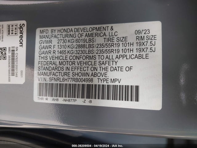 Honda Odyssey Sport 2024 5FNRL6H77RB004998 Image 9