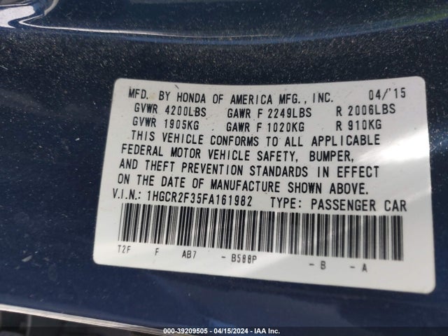 Honda ACCORD LX 2015 1HGCR2F35FA161982 Image 9