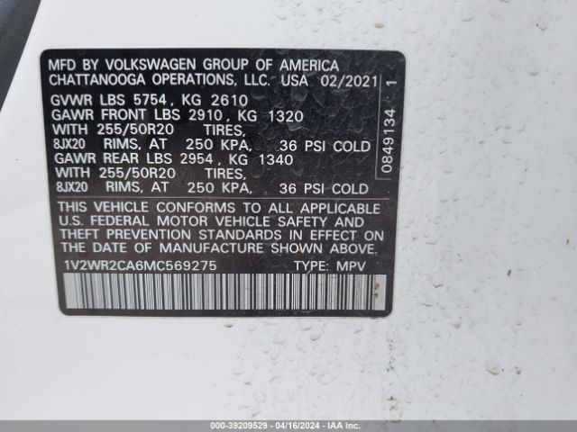 1V2WR2CA6MC569275 Volkswagen Atlas 3.6l V6 Se W/technology