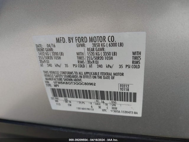 Ford EXPLORER SPORT 2016 1FM5K8GT3GGC80962 Image 9