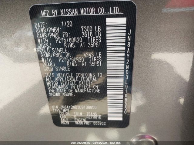JN8AY2ND3L9108850 Nissan Armada Sl 2wd