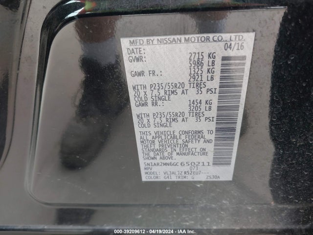 Nissan Pathfinder Platinum 2016 5N1AR2MN6GC650211 Image 9