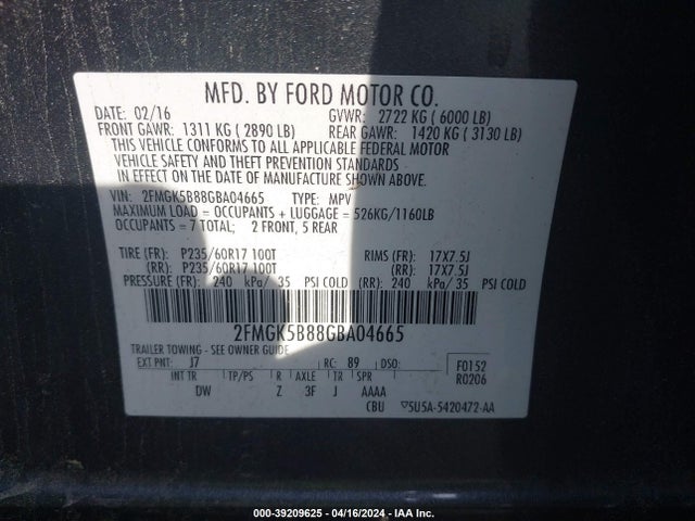 Ford FLEX SE 2016 2FMGK5B88GBA04665 Image 9