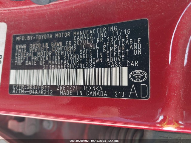 Toyota COROLLA LE 2017 2T1BURHE9HC790983 Image 9