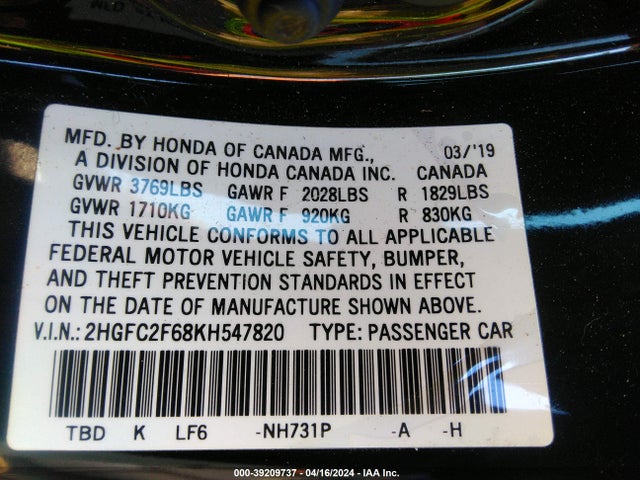 Honda Civic Lx 2019 2HGFC2F68KH547820 Image 9