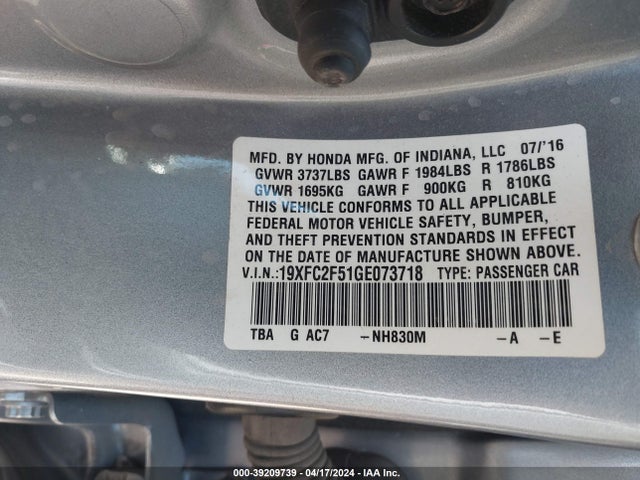 Honda Civic Lx 2016 19XFC2F51GE073718 Image 9