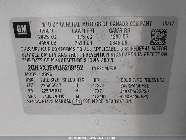 Chevrolet EQUINOX LT 2018 2GNAXJEV0J6209152 Image 9