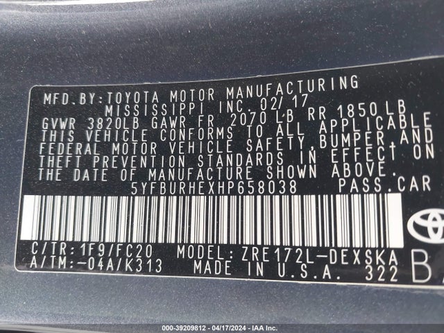 Toyota COROLLA SE 2017 5YFBURHEXHP658038 Image 9