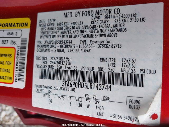 Ford FUSION SE 2020 3FA6P0HD5LR143744 Image 9