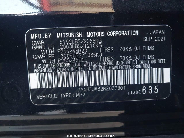 JA4J3UA82NZ037801 Mitsubishi Outlander Black Edition 2wd/se 2.5 2wd/se Launch Edition 2wd