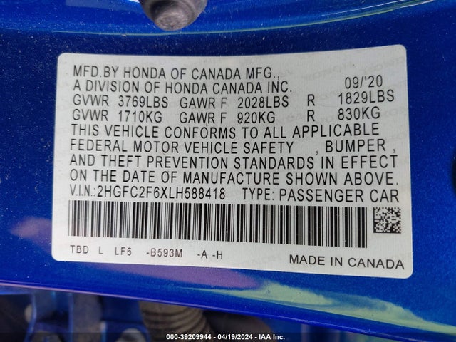 Honda Civic Lx 2020 2HGFC2F6XLH588418 Image 9