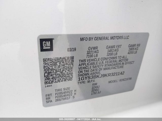 1GYS3BKJ9KR321142 Cadillac Escalade Luxury