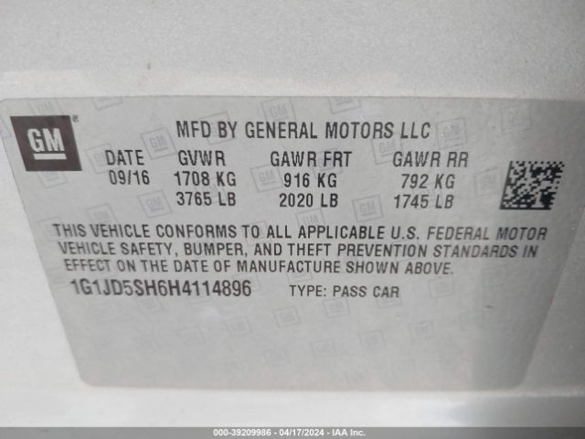 1G1JD5SH6H4114896 Chevrolet Sonic Lt Auto