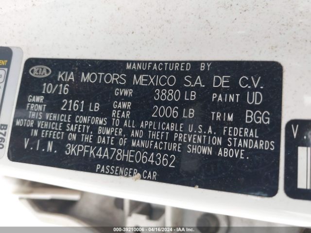 3KPFK4A78HE064362 KIA FORTE LX