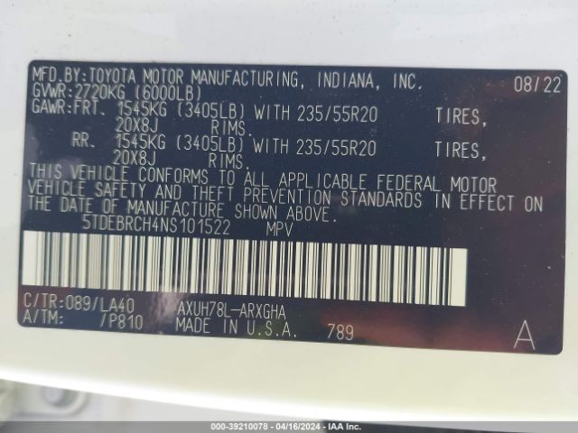 5TDEBRCH4NS101522 Toyota Highlander Hybrid Platinum